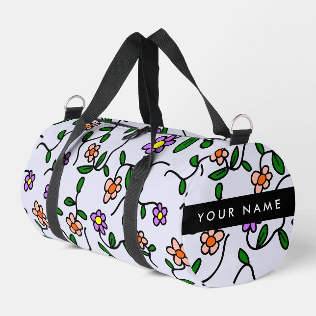 Colourful Flowers, Blue Background, Black Duffle Bag (Left Corner)