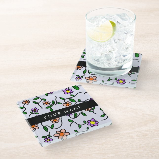 Colourful Flowers, Blue Background, Black Glass Coaster (Angled)