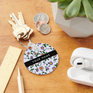 Colourful Flowers, Blue Background, Black Key Ring