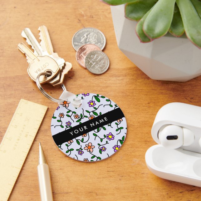 Colourful Flowers, Blue Background, Black Key Ring (Desk)