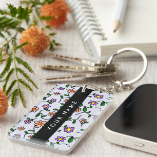 Colourful Flowers, Blue Background, Black Key Ring