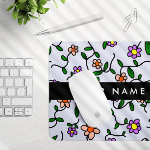 Colourful Flowers, Blue Background, Black Mouse Pad