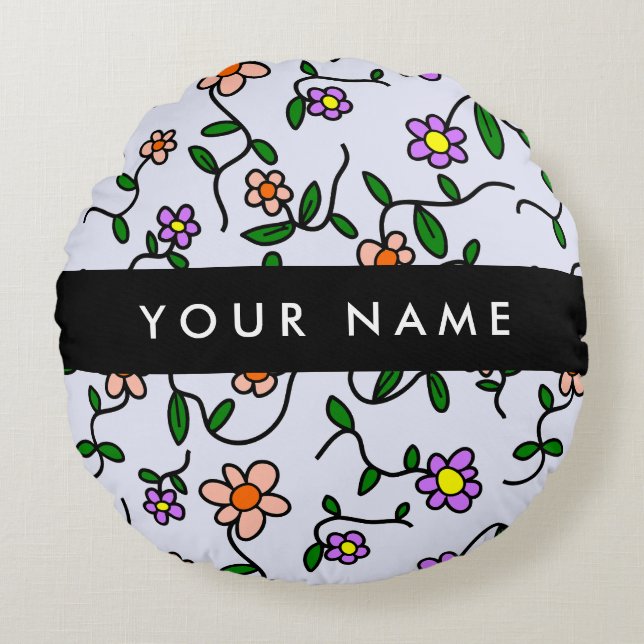 Colourful Flowers, Blue Background, Black Round Cushion (Front)