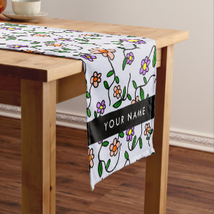 Colourful Flowers, Blue Background, Black Short Table Runner