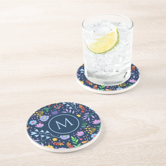 Colourful Flowers Blue background Coaster (Side)