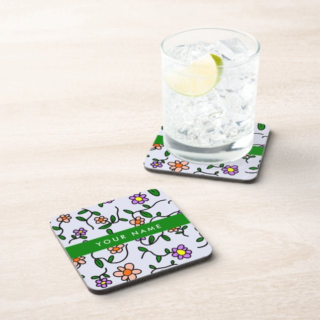 Colourful Flowers, Blue Background, Green Coaster (Right Side)