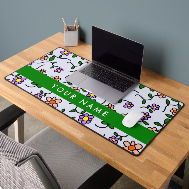 Colourful Flowers, Blue Background, Green Desk Mat (Office 2)