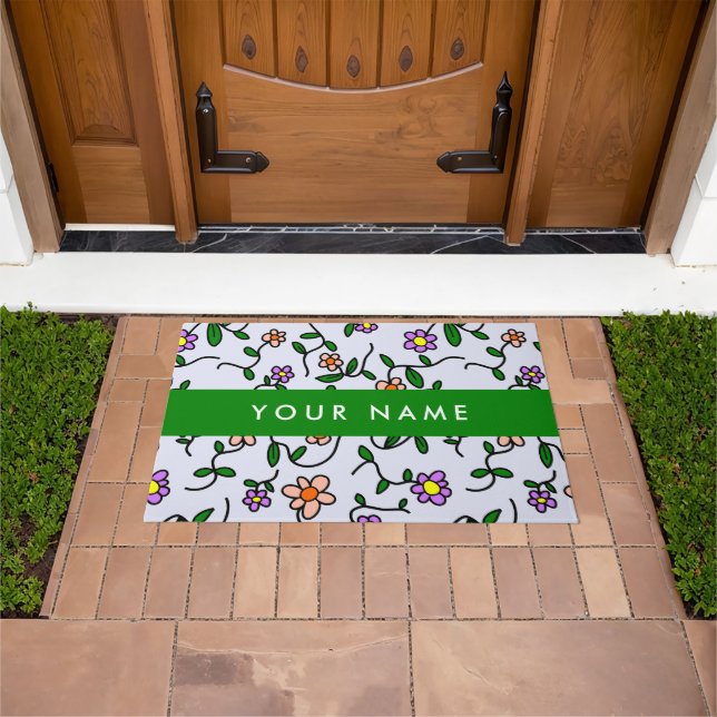 Colourful Flowers, Blue Background, Green Doormat (Outdoor)