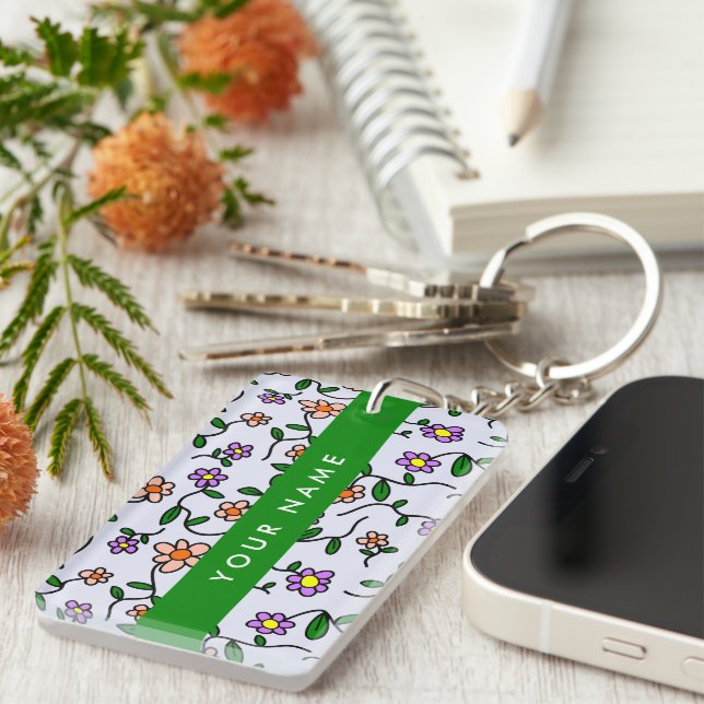 Colourful Flowers, Blue Background, Green Key Ring (Front Right)
