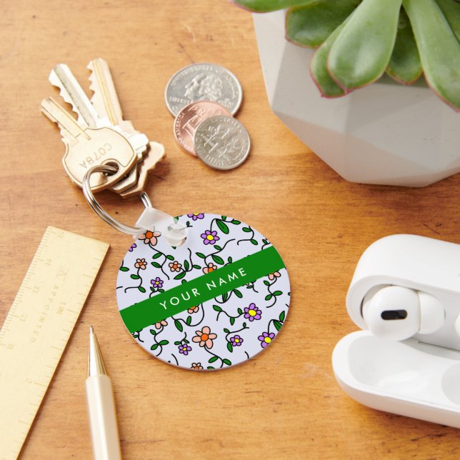 Colourful Flowers, Blue Background, Green Key Ring (Desk)