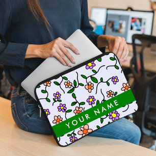 Colourful Flowers, Blue Background, Green Laptop Sleeve
