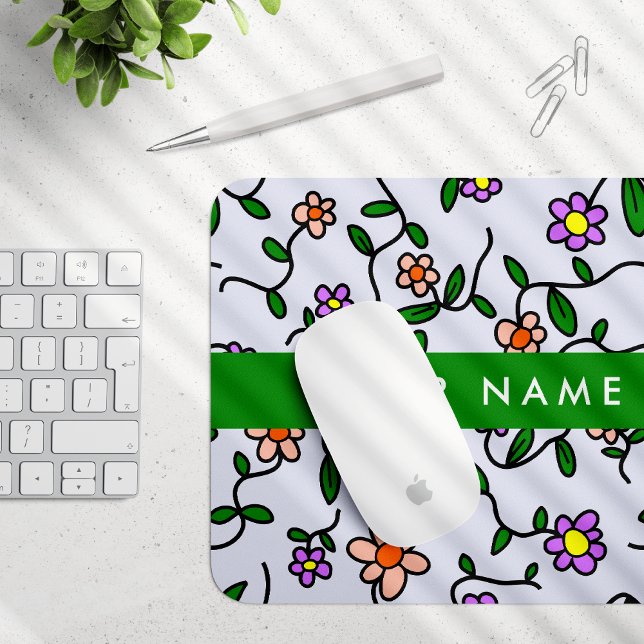 Colourful Flowers, Blue Background, Green Mouse Pad (Creator Uploaded)