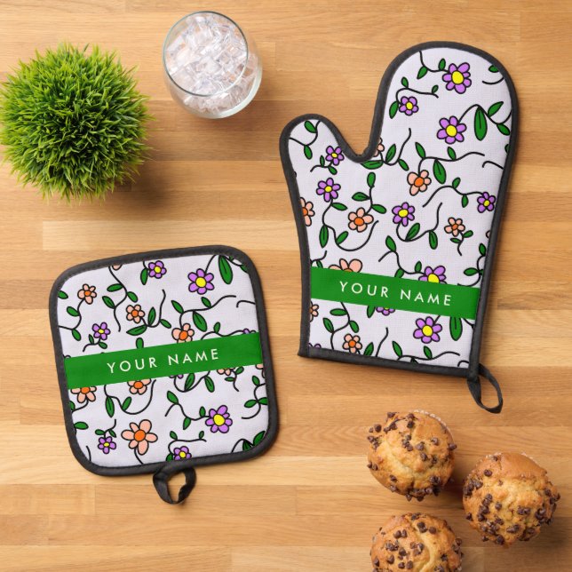 Colourful Flowers, Blue Background, Green Oven Mitt & Pot Holder Set (Top Down)