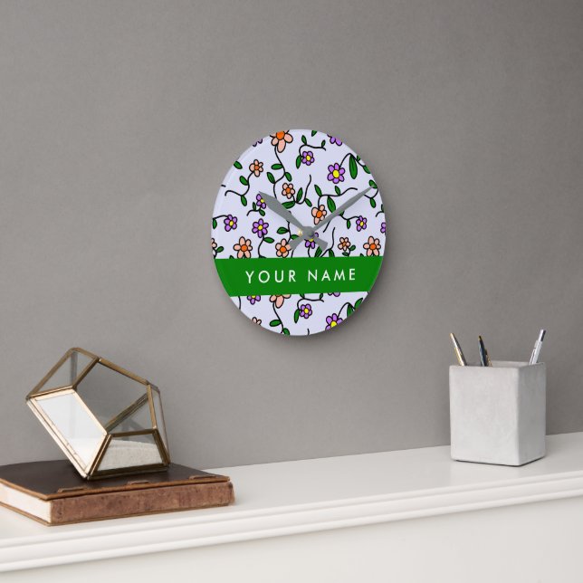 Colourful Flowers, Blue Background, Green Round Clock (Office)