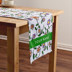 Colourful Flowers, Blue Background, Green Short Table Runner