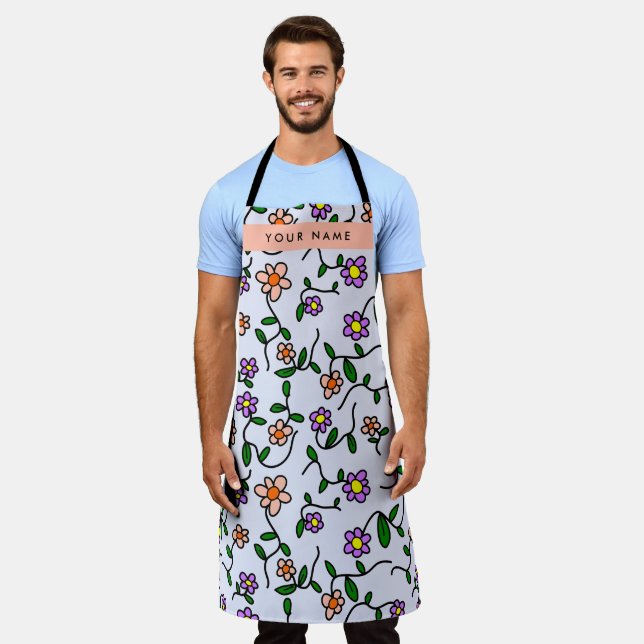 Colourful Flowers, Blue Background, Orange Apron (Worn)