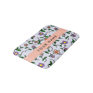 Colourful Flowers, Blue Background, Orange Bath Mat