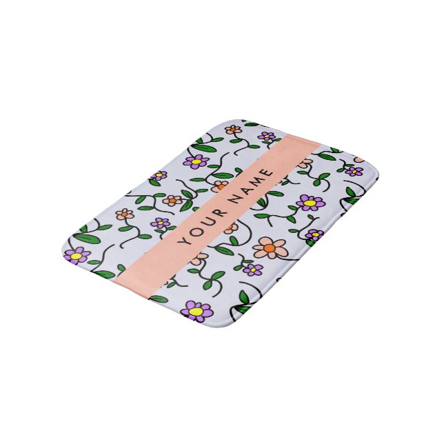 Colourful Flowers, Blue Background, Orange Bath Mat (Angled)
