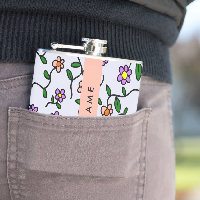 Colourful Flowers, Blue Background, Orange Hip Flask (In Situ)