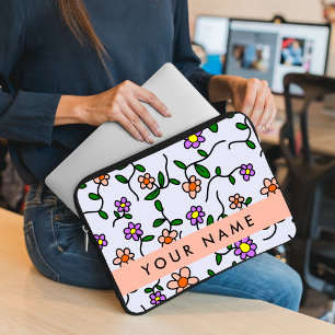 Colourful Flowers, Blue Background, Orange Laptop Sleeve