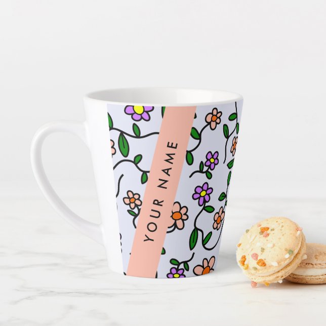 Colourful Flowers, Blue Background, Orange Latte Mug (In Situ)