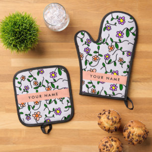 Colourful Flowers, Blue Background, Orange Oven Mitt & Pot Holder Set
