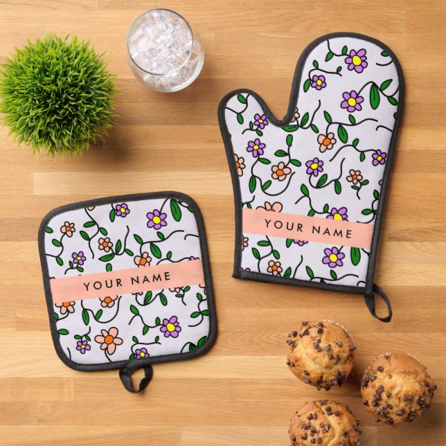 Colourful Flowers, Blue Background, Orange Oven Mitt & Pot Holder Set (Top Down)