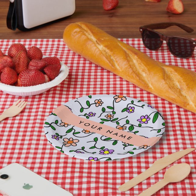 Colourful Flowers, Blue Background, Orange Paper Plate (Picnic)