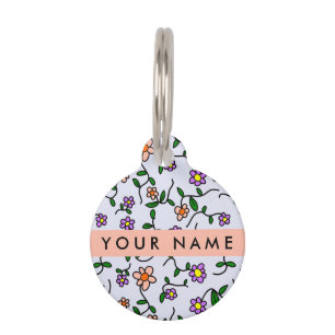 Colourful Flowers, Blue Background, Orange Pet Tag
