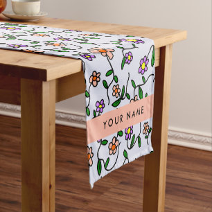 Colourful Flowers, Blue Background, Orange Short Table Runner