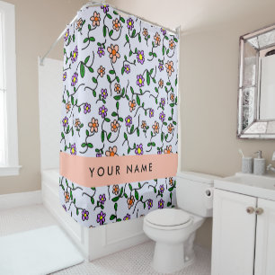 Colourful Flowers, Blue Background, Orange Shower Curtain