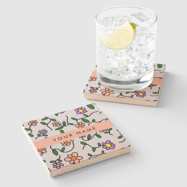 Colourful Flowers, Blue Background, Orange Stone Coaster (Side)