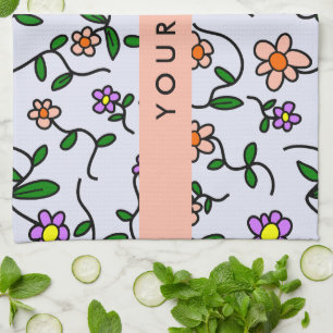 Colourful Flowers, Blue Background, Orange Tea Towel