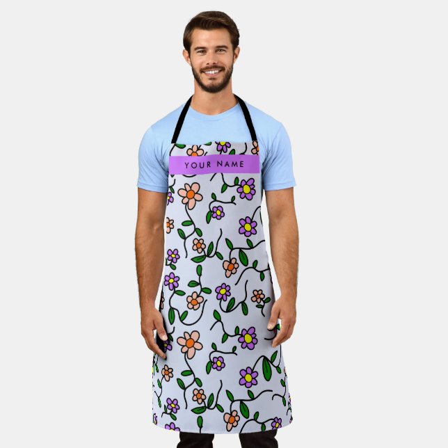 Colourful Flowers, Blue Background, Purple Apron (Worn)