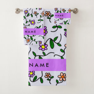 Colourful Flowers, Blue Background, Purple Bath Towel Set