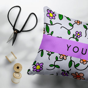 Colourful Flowers, Blue Background, Purple Decorative Cushion