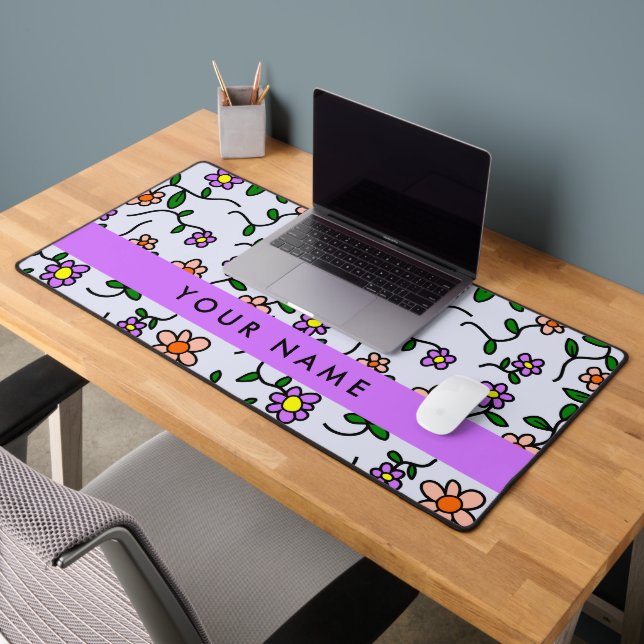 Colourful Flowers, Blue Background, Purple Desk Mat (Office 2)