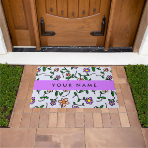 Colourful Flowers, Blue Background, Purple Doormat