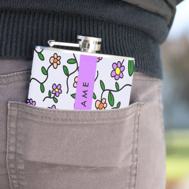 Colourful Flowers, Blue Background, Purple Hip Flask (In Situ)