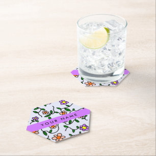 Colourful Flowers, Blue Background, Purple Paper Coaster