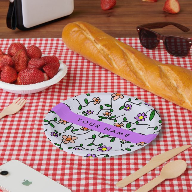 Colourful Flowers, Blue Background, Purple Paper Plate (Picnic)
