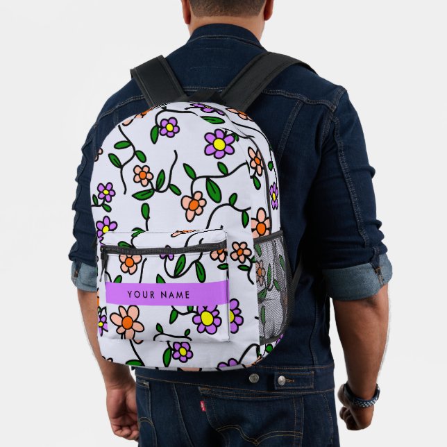 Colourful Flowers, Blue Background, Purple Printed Backpack (Insitu (Model))