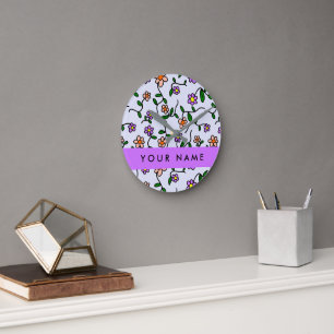 Colourful Flowers, Blue Background, Purple Round Clock