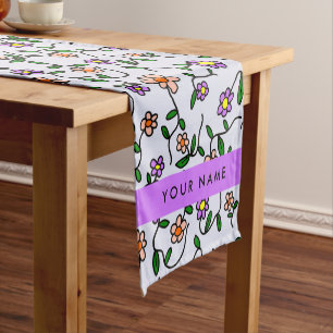 Colourful Flowers, Blue Background, Purple Short Table Runner