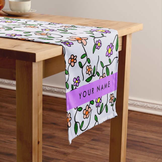 Colourful Flowers, Blue Background, Purple Short Table Runner (In Situ)