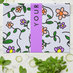 Colourful Flowers, Blue Background, Purple Tea Towel