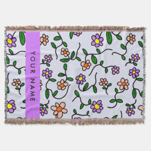 Colourful Flowers, Blue Background, Purple Throw Blanket