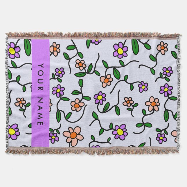 Colourful Flowers, Blue Background, Purple Throw Blanket (Front)