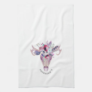 Colourful Flowers Boho Skull Tea Towel