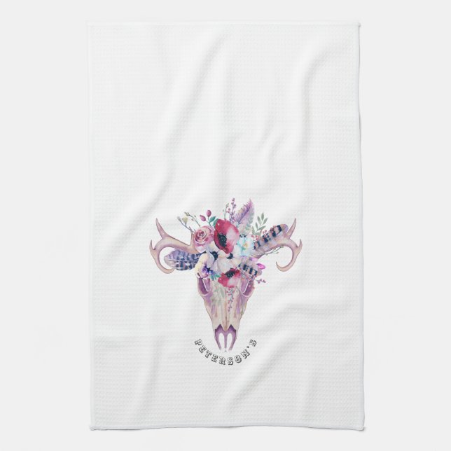 Colourful Flowers Boho Skull Tea Towel (Vertical)